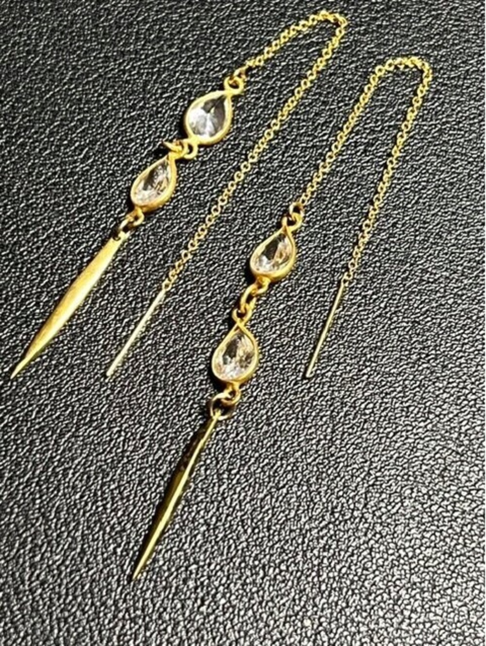 B7048 14K Gold filled Threader Drop Earrings Pear Diamond Bezel Set Spike Dangle